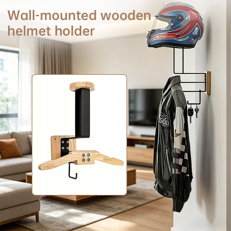 Wooden Motorcycle Helmet Wall Hanger - Stainless Steel Wall Mount for Storing Tactical Gear & Bike Accessories
