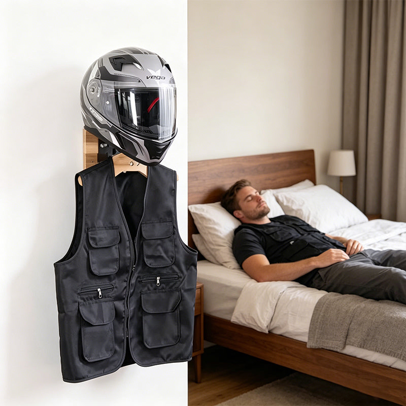Wooden Motorcycle Helmet Wall Hanger - Stainless Steel Wall Mount for Storing Tactical Gear & Bike Accessories