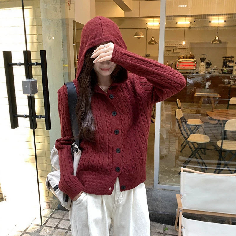 Hooded Cable Knit Cardigan for Women, Design Button Sweater Coat