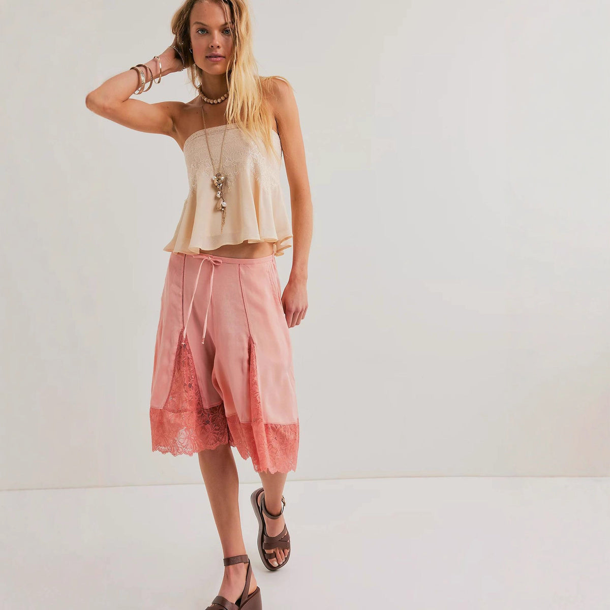 Women's Lightweight Satin Lace Sexy Trimmed Mid-Length Pants