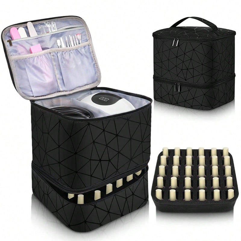 Portable 30-Compartment Nail Organizer Case with Polish & Oil Bags, All-in-One Manicure Tools & Cosmetic Storage Kit