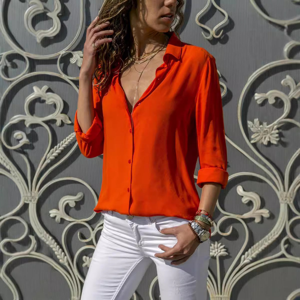 Ladies' Long Sleeve Deep V-Neck Buttoned Chiffon Blouse