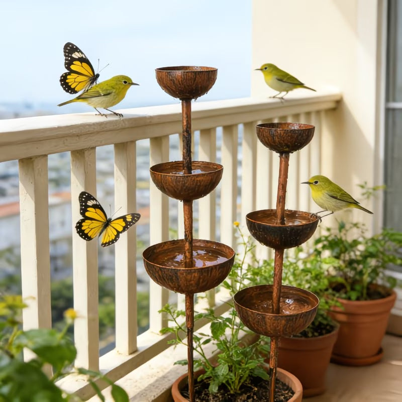 3-Tier Vintage Rustic Metal Bird Watering Station | 3-Tier Rusty Iron Garden Water Collector Feeder, Outdoor Garden Patio Decor