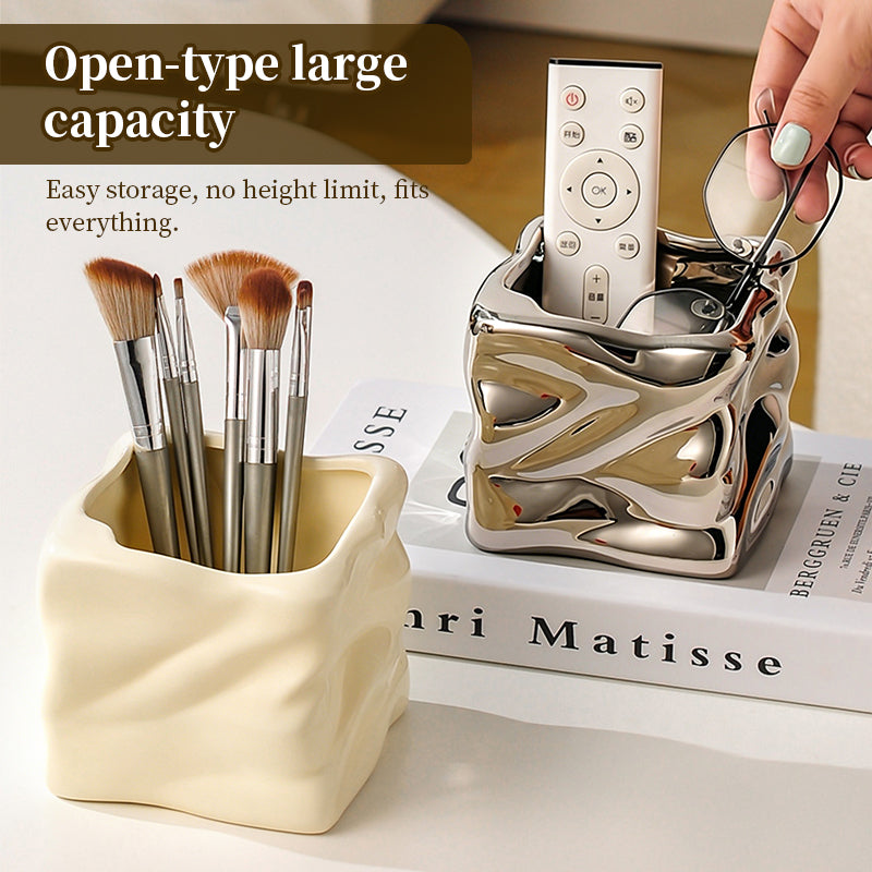 Ceramic Wavy Makeup Brush Holder - Dual-Use Minimalist Storage Jar for Vanity & Office Desk Organizer