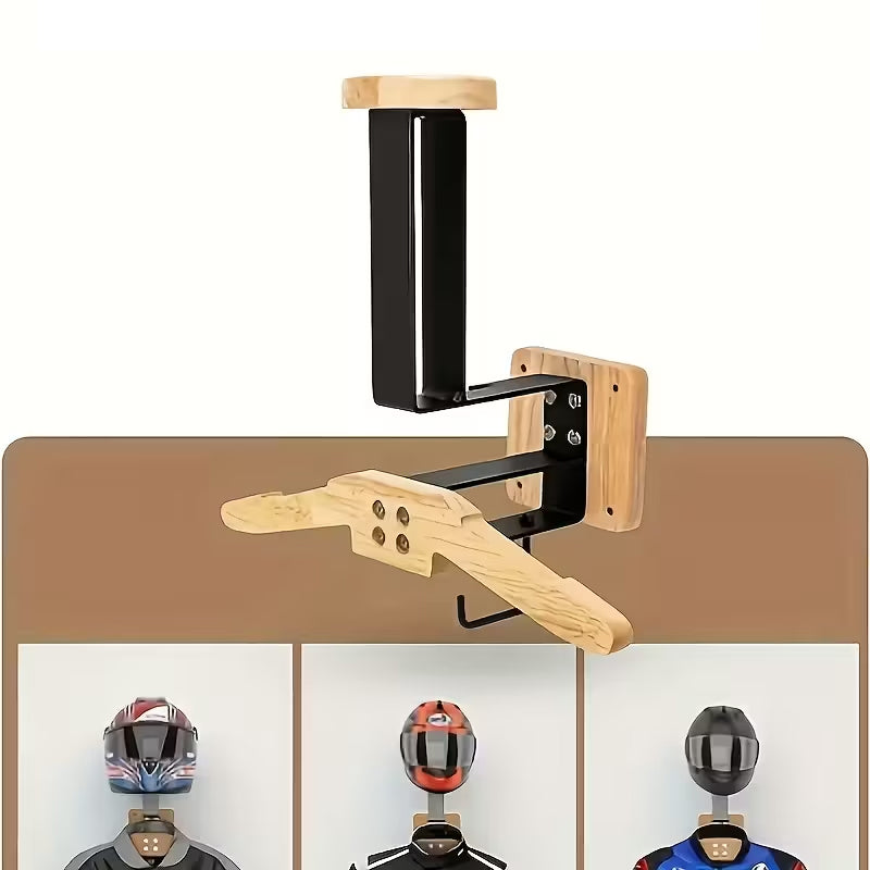 Wooden Motorcycle Helmet Wall Hanger - Stainless Steel Wall Mount for Storing Tactical Gear & Bike Accessories