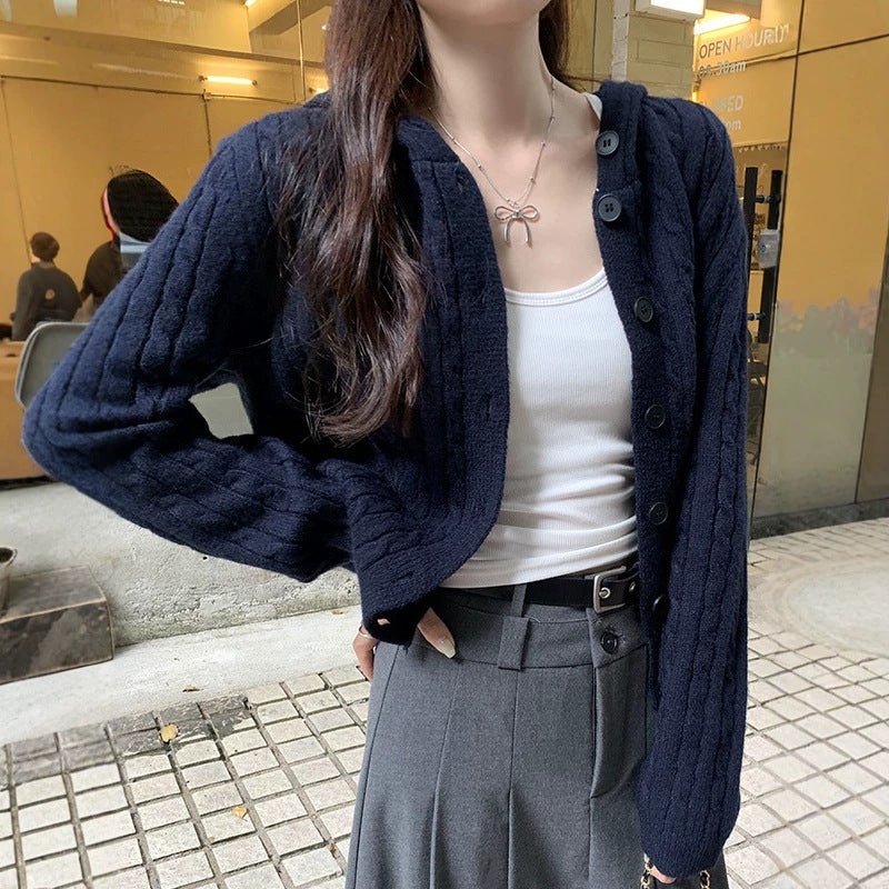 Hooded Cable Knit Cardigan for Women, Design Button Sweater Coat