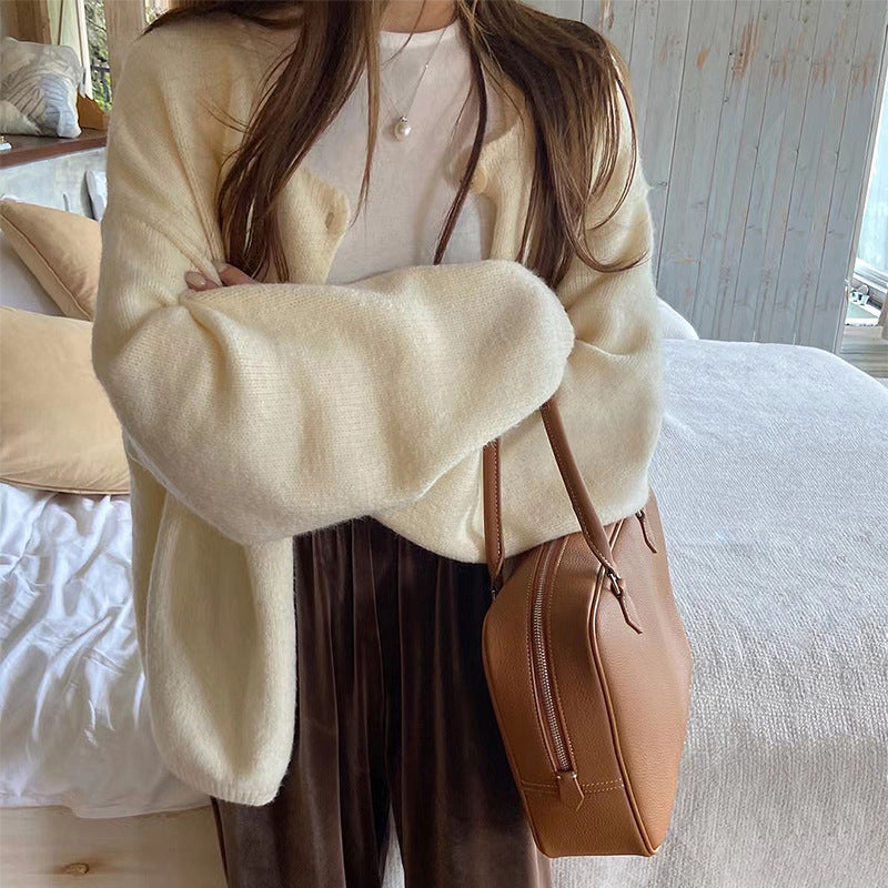 Round Neck Knit Cardigan for Women, Versatile Single Button Inner Layer Sweater Coat