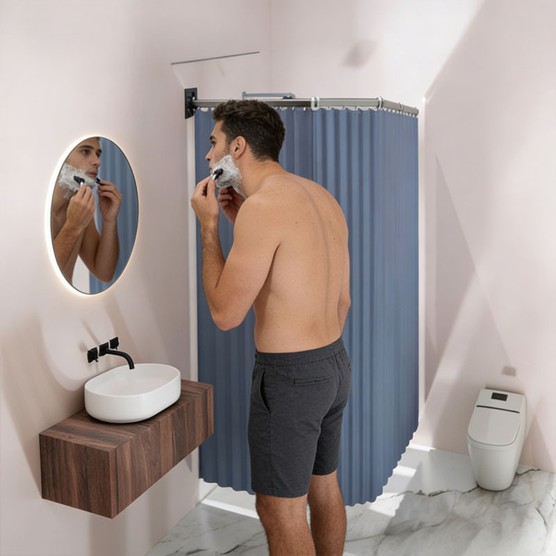 Foldable Shower Curtain Set, Invisible Waterproof Polyester Shower Divider, Retractable for Wet & Dry Zone Separation.
