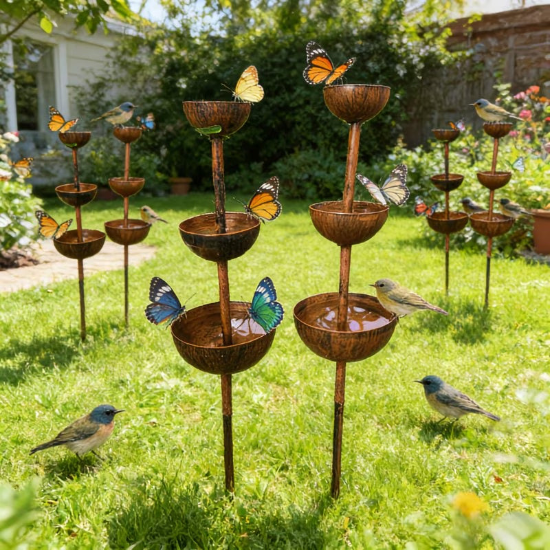3-Tier Vintage Rustic Metal Bird Watering Station | 3-Tier Rusty Iron Garden Water Collector Feeder, Outdoor Garden Patio Decor